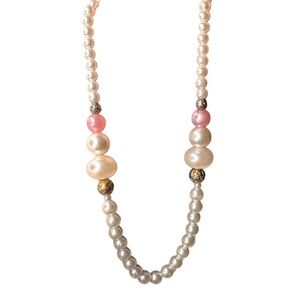 Vintage Faux Pearl Necklace with Pink Accents